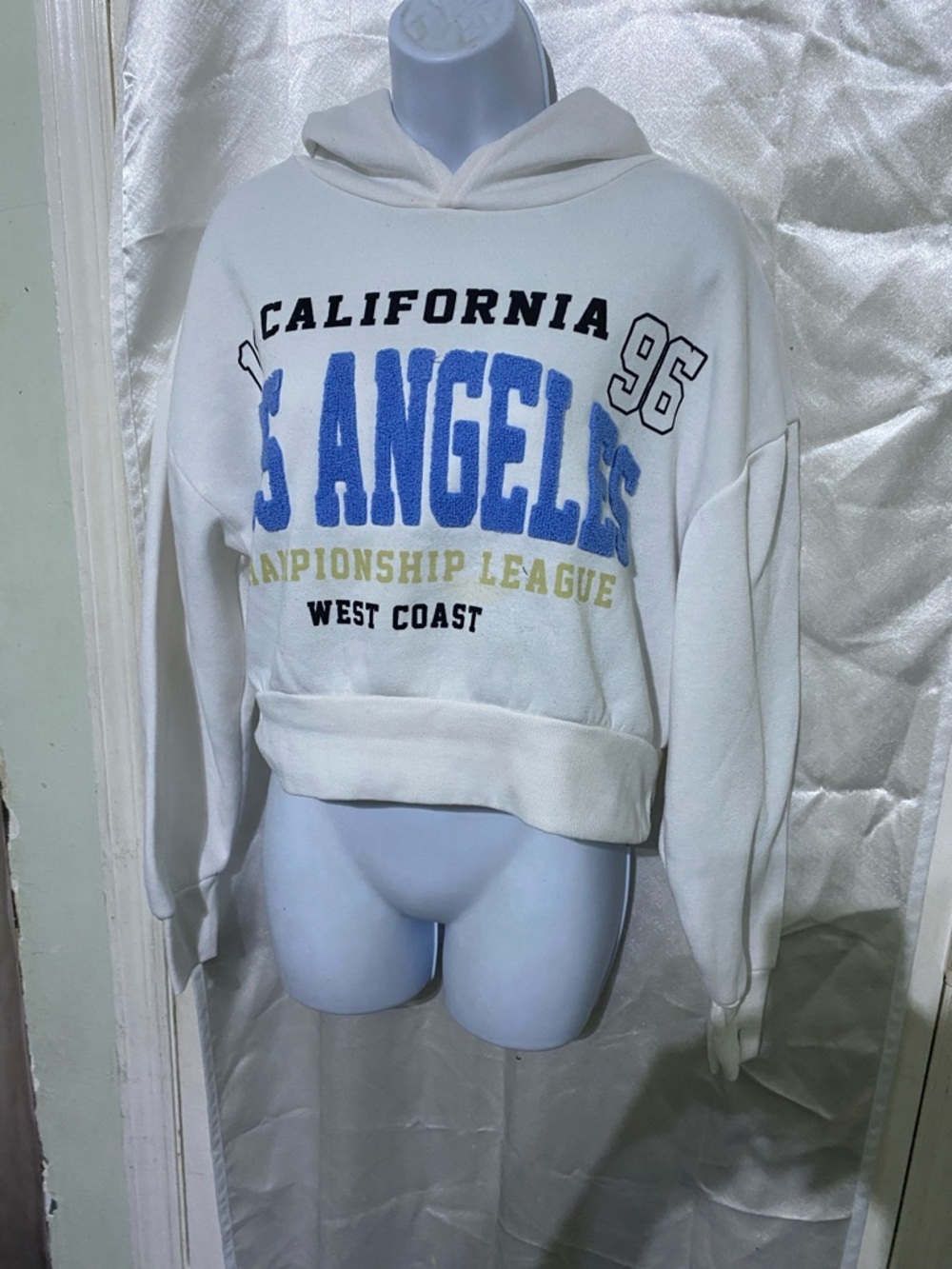 Charlotte Russe White Terry Pullover Hoodie with Black Logo Tab